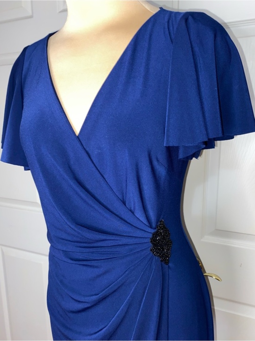 Lauren Ralph Lauren Navy Blue Wrap-Style Midi Dress with Beaded Accent